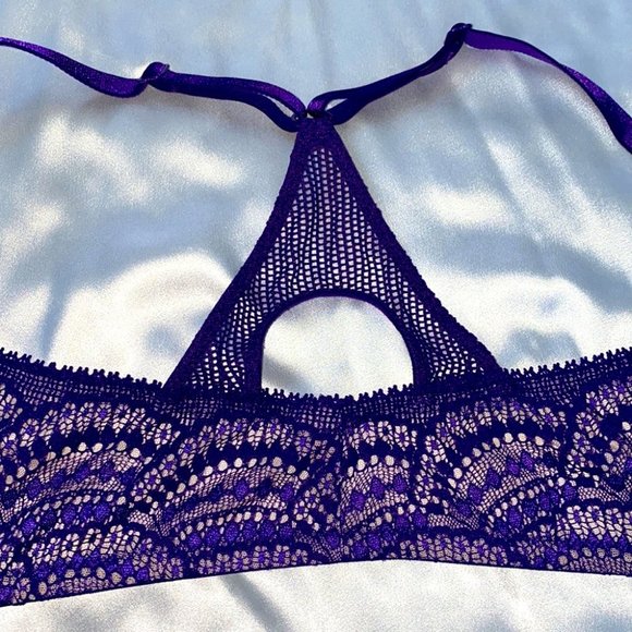 Front Close Racerback 32DD Bra Fishnet Lace Purple - Picture 7 of 8